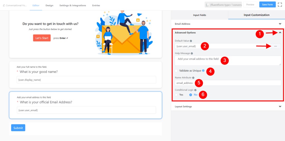 How to Create Conversational Forms with WordPress Fluent Forms? • WPnomy 12th - Fill Up the Advanced Fields of Advanced Options of Email Element - Image - SyncWin