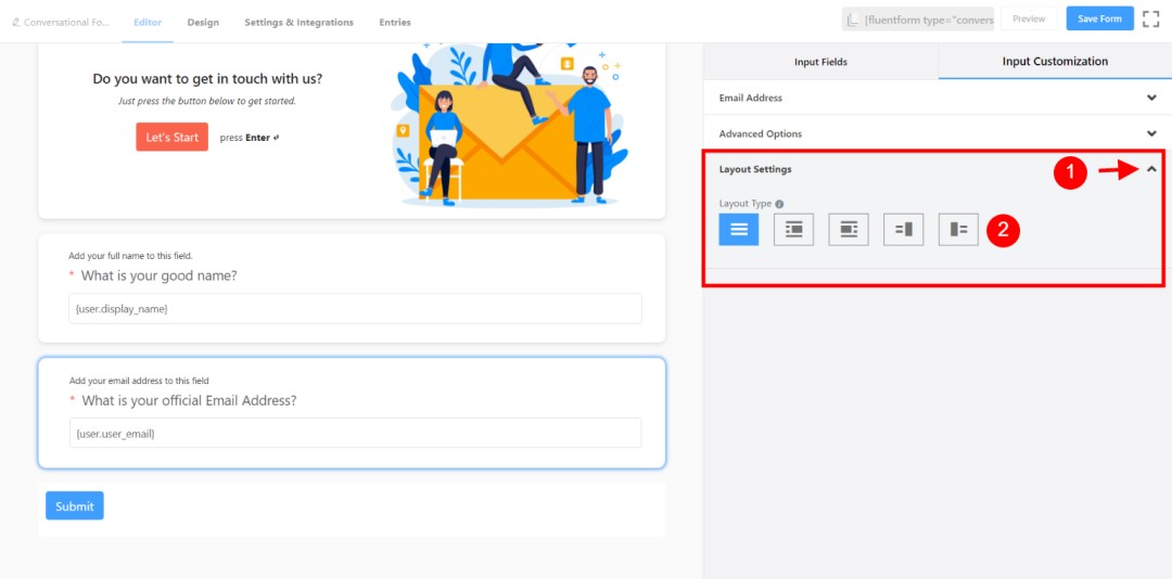 How to Create Conversational Forms with WordPress Fluent Forms? • WPnomy 13th - Select & Customize the Layout Options of Email Element - Image - SyncWin
