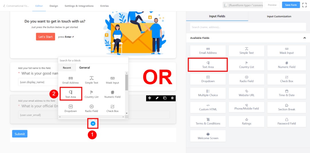 How to Create Conversational Forms with WordPress Fluent Forms? • WPnomy 14th - Add a Text Area Element - Image - SyncWin
