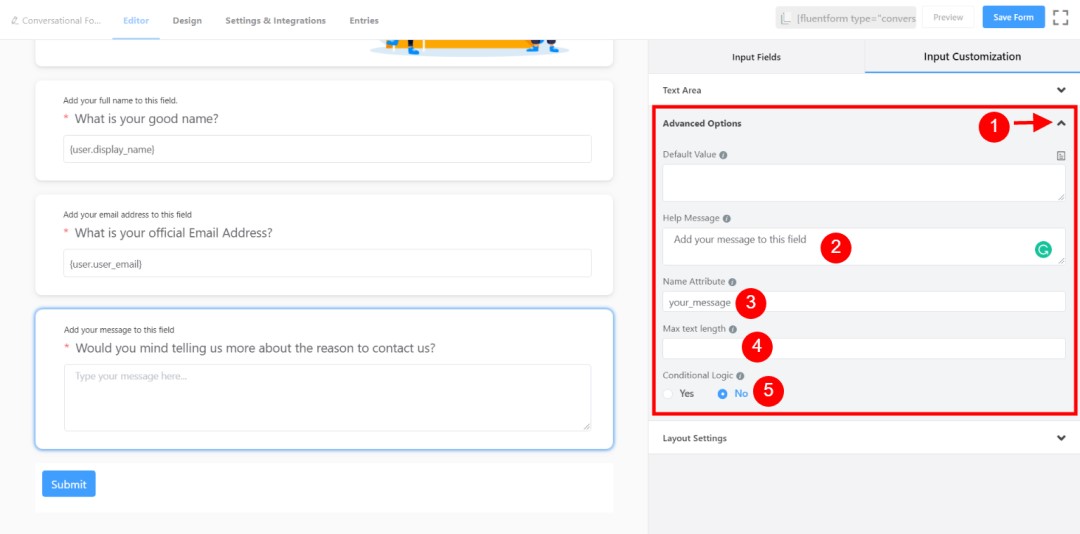 How to Create Conversational Forms with WordPress Fluent Forms? • WPnomy 16th - Fill Up the Advanced Fields of Text Area Element - Image - SyncWin