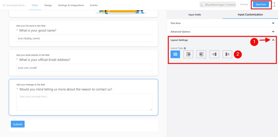 How to Create Conversational Forms with WordPress Fluent Forms? • WPnomy 17th - Select & Adjust the Layout Settings of Textarea Element - Image - SyncWin