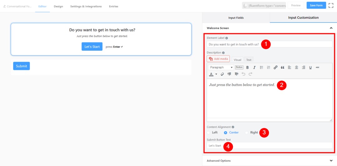 How to Create Conversational Forms with WordPress Fluent Forms? • WPnomy 3rd - Fill up the fields of Welcome Screen Element - Image - SyncWin