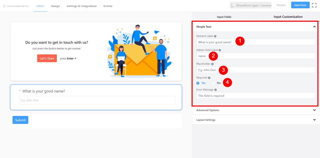 How to Create Conversational Forms with WordPress Fluent Forms? • WPnomy 7th - Fill up the Simple Text Element Fields - Image - SyncWin