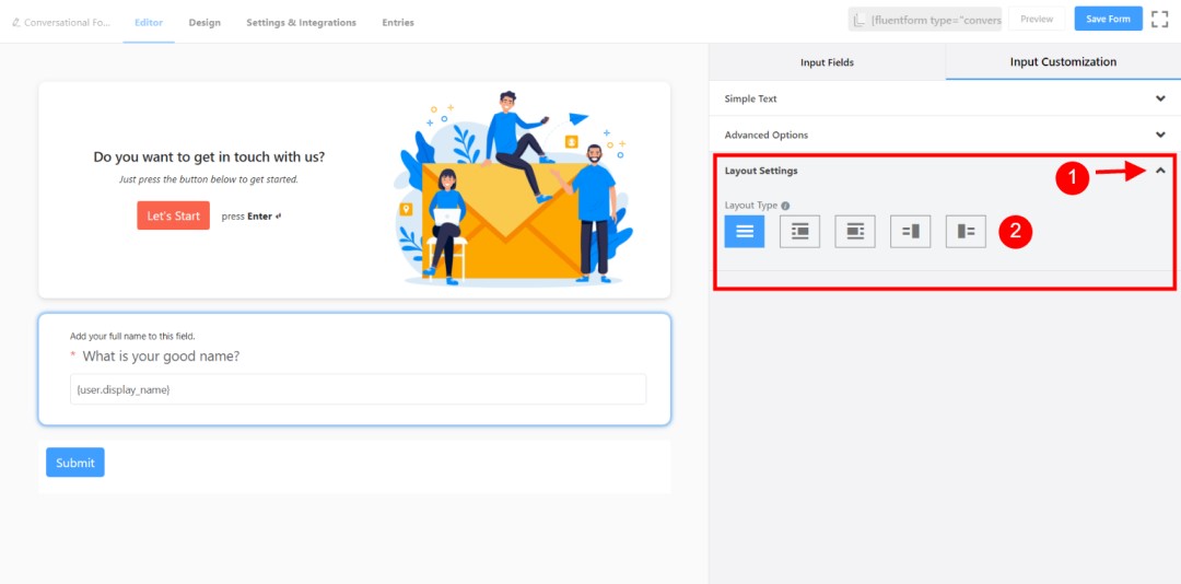 How to Create Conversational Forms with WordPress Fluent Forms? • WPnomy 9th - Select & Adjust the Layout Settings for Simple Text Name Element - Image - SyncWin