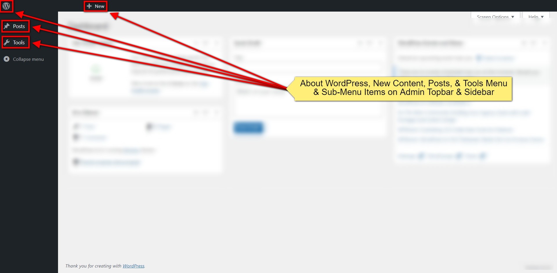 How to Hide WordPress Admin Menu Items Using WP Admin Cleaner? • WPnomy About WordPress, New Content, Posts, & Tools Menu & Sub-Menu Items on Admin Topbar & Sidebar - Screenshot - Toolonomy