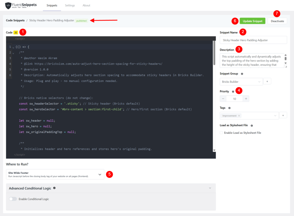 How to Auto-Adjust Hero Section Spacing for Sticky Headers in Bricks Builder? • WPnomy Add Bricks Sticky Header Hero Padding Adjuster Script in the FluentSnippets - Bricksism