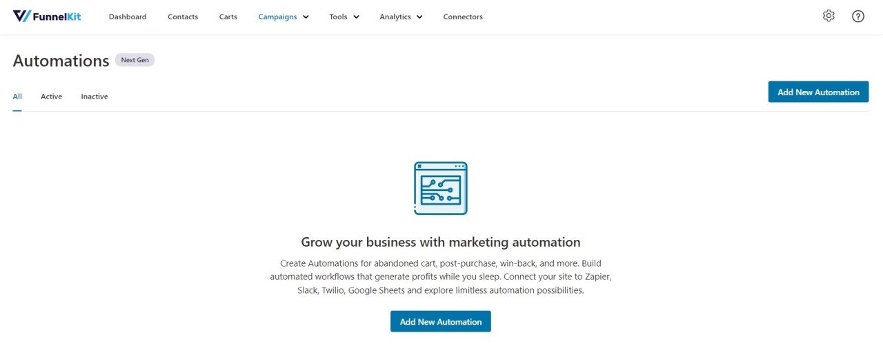 FunnelKit (WooFunnels) Review: All-in-One WordPress Funnel Builder • WPnomy FunnelKit Add Automations Interface - Screenshot - Toolonomy