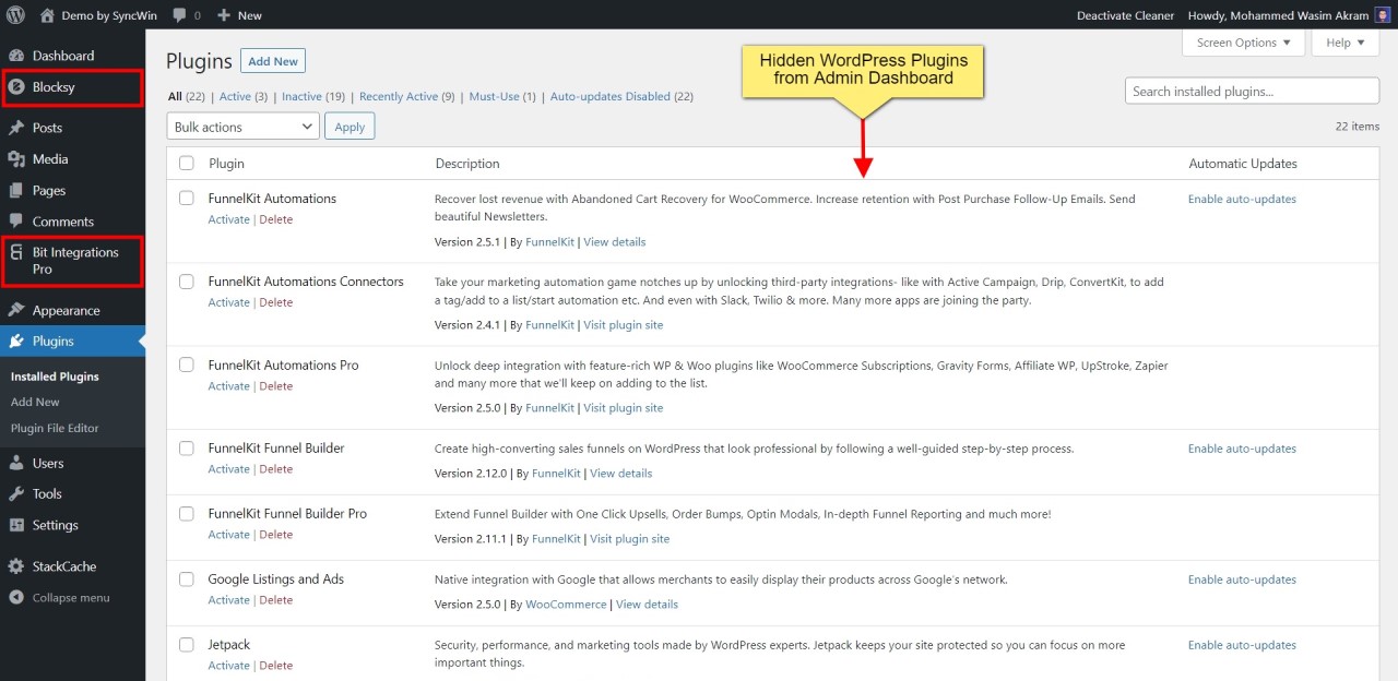 Hidden WordPress Plugins from Admin Dashboard using WP Admin Cleaner - Screenshot - Toolonomy