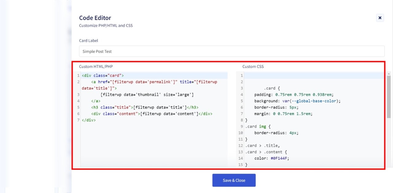 FilterWP Review: Facet & Grid Plugin for WordPress Developers • WPnomy Inbuilt CSS & PHP Editor of FilterWP - Screenshot - Toolonomy
