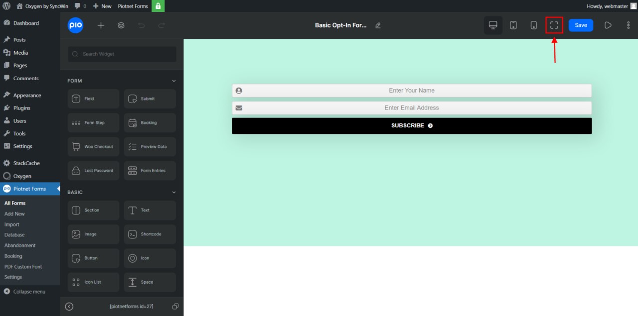 Inner WordPress Admin Editor Window of Piotnet Forms - Screenshot - Toolonomy