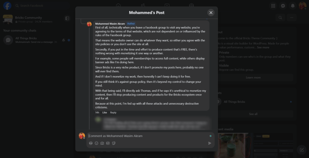 My Top Concerns About the Bricks Builder Ecosystem as a Committed Member • WPnomy My Reply to the Negative Comment Example from the Bricks Ecosystem - My Post - Part 1 Image - Bricksism