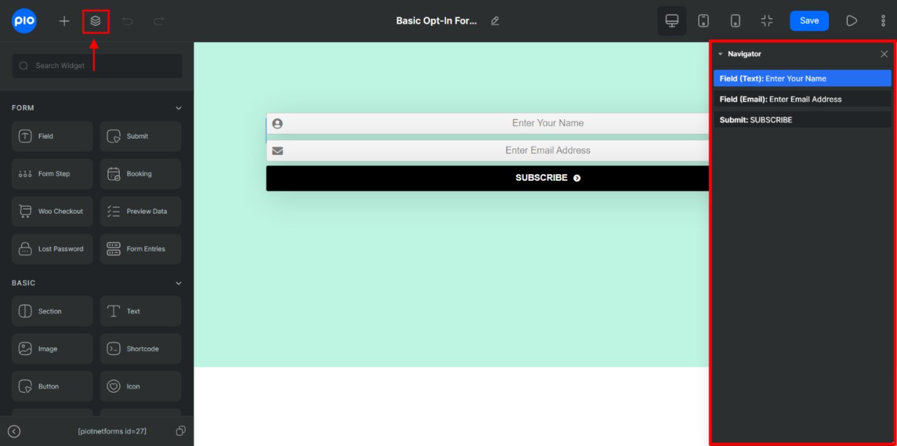 Navigator or Structure Panel of Piotnet Forms - Screenshot - Toolonomy