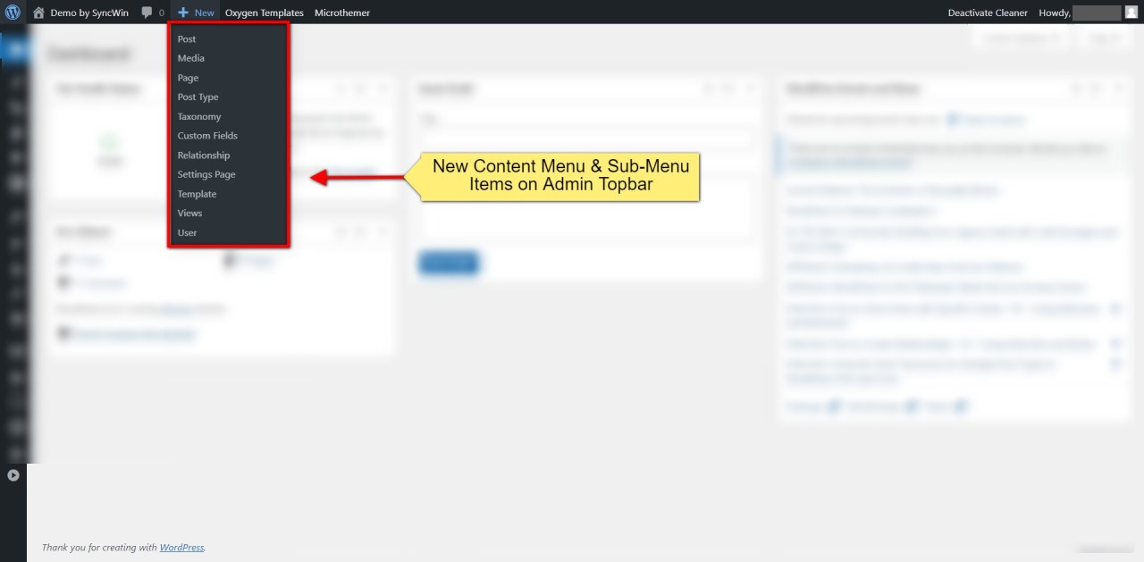 How to Hide WordPress Admin Menu Items Using WP Admin Cleaner? • WPnomy New Content Menu & Sub-Menu Items on Admin Topbar - Screenshot - Toolonomy