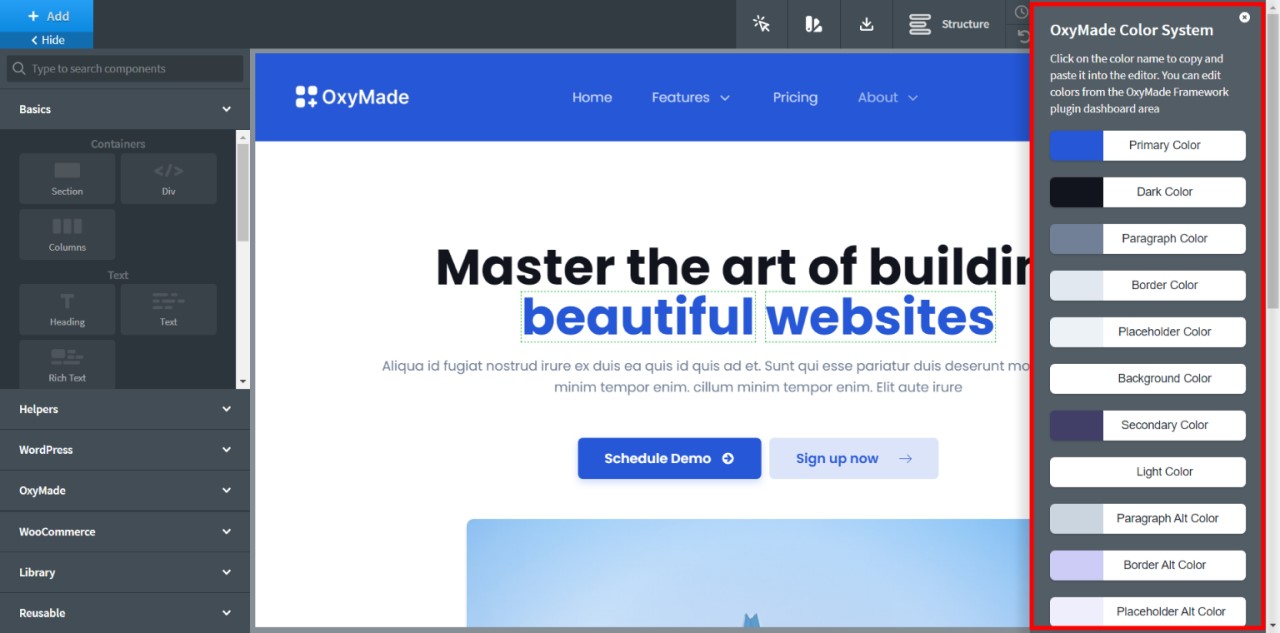 OxyMade Review: Best Oxygen Builder Framework & Templates • WPnomy OxyMade Color System UI - Screenshot - SyncWin