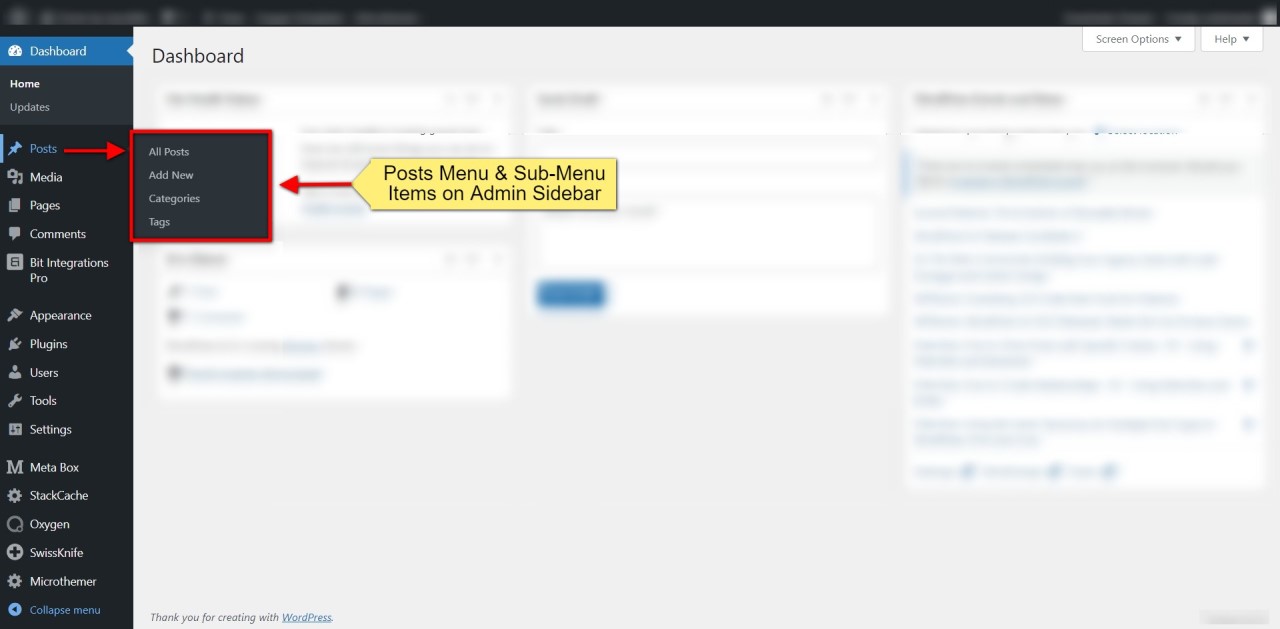 How to Hide WordPress Admin Menu Items Using WP Admin Cleaner? • WPnomy Posts Menu & Sub-Menu Items on Admin Sidebar - Screenshot - Toolonomy