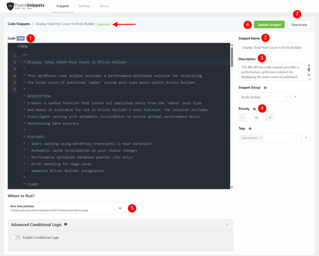 The PHP Function Code Snippet Implementation for the Total Post Count in Bricks Bulder - Screenshot - Bricksism