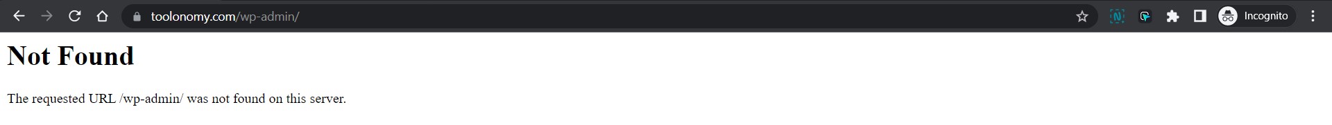 WordPress WP Admin URL Not Found - Before Fixing Screenshot - Toolonomy